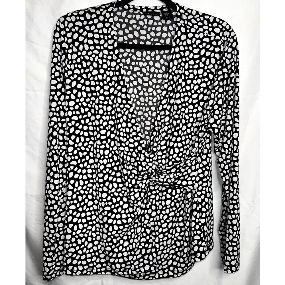 Tahari Womens Size XL Black White Dot Pattern Cross Front Long Sleeve Blouse